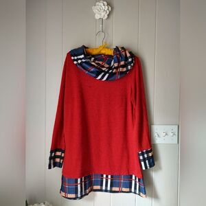 All In One Red Plaid Sweater Tunic Dress Suede Sleeve Patches. Size L